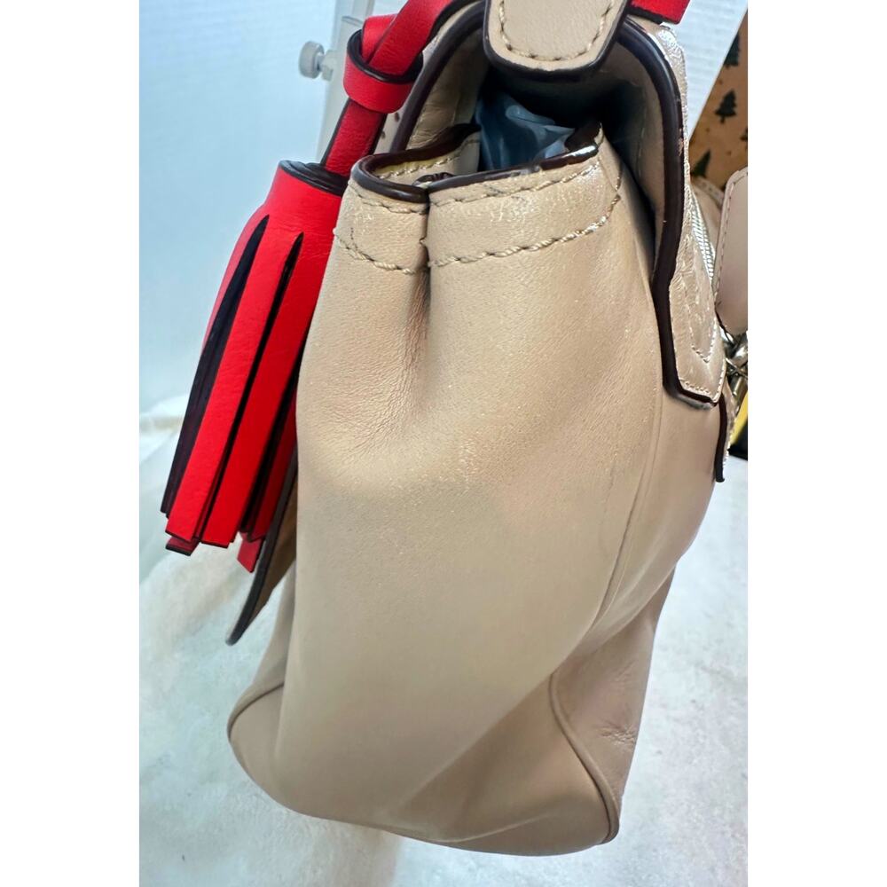 Coach Beige Perforated Leather Shoulder Bag Red Tassel Turnlock - Picture 5 of 16